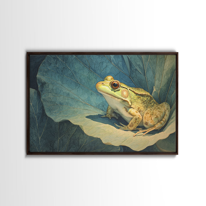 Frog on a Lotus Leaf Framed Canvas Print, Animal Art, Art Print, Living Room Decor, Watercolor Art, Creature, Digital Art, ANI-3x2-96