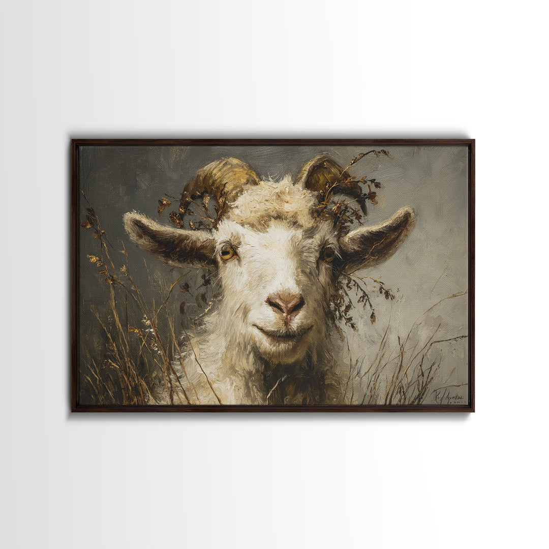 Goat Portrait with Rustic Folk Art Personality Framed Canvas Print, Animal Art, Downloadable Art, Living Room Decor, Creature, ANI-3x2-97