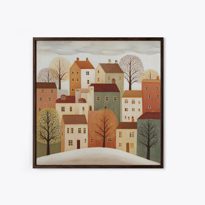 Naive Folk Art Village Framed Canvas Print, Art, Large Wall Art, Living Room Decor, Fine Art, Prints Wall Art, ART-1x1-44