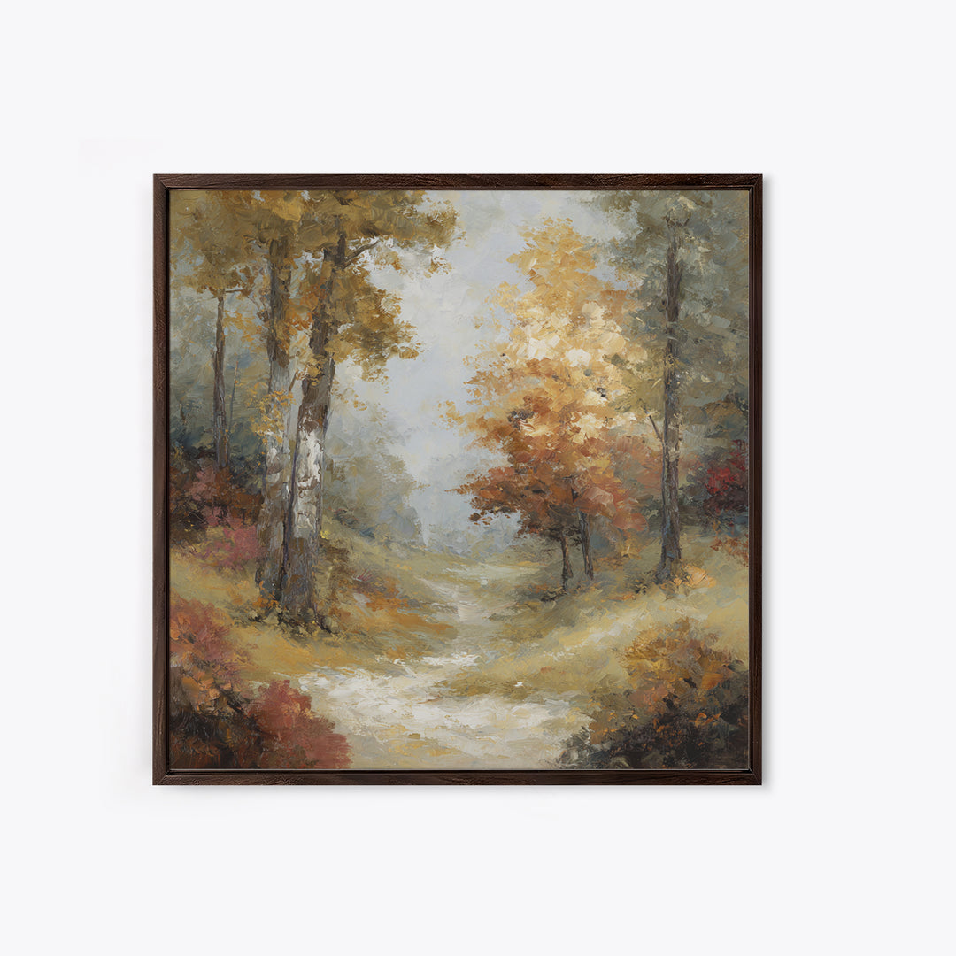 Woodland Path with Golden Autumn Atmosphere Framed Canvas Print, Art, Original Art, Living Room Decor, Fine Art, ART-1x1-47