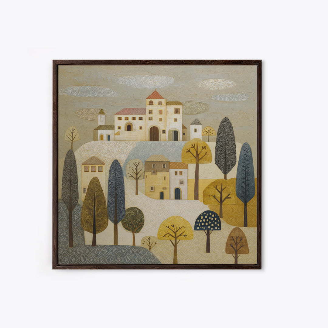 Naive Folk Art Village Framed Canvas Print, Art, Wood Wall Art, Living Room Decor, Fine Art, Modern Decor, Fine Art Print, ART-1x1-68