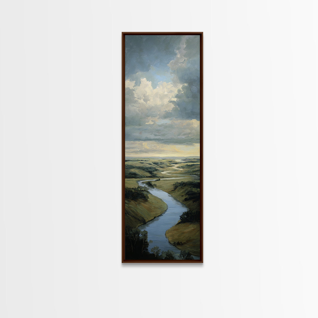 Classic Landscape with Winding River and Atmospheric Framed Canvas Print, Art, Art Nouveau, Living Room Decor, Watercolor Art, ART-1x3-87