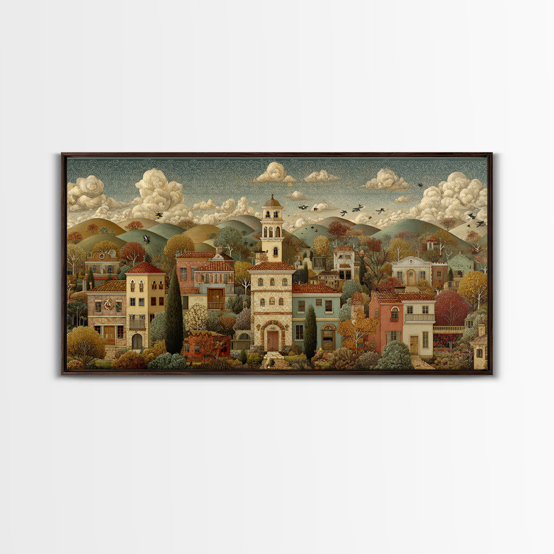 Naive Folk Art Village Framed Canvas Print, Art, Neutral Decor, Living Room Decor, Fine Art, Art Prints, Digital Art, ART-2x1-16