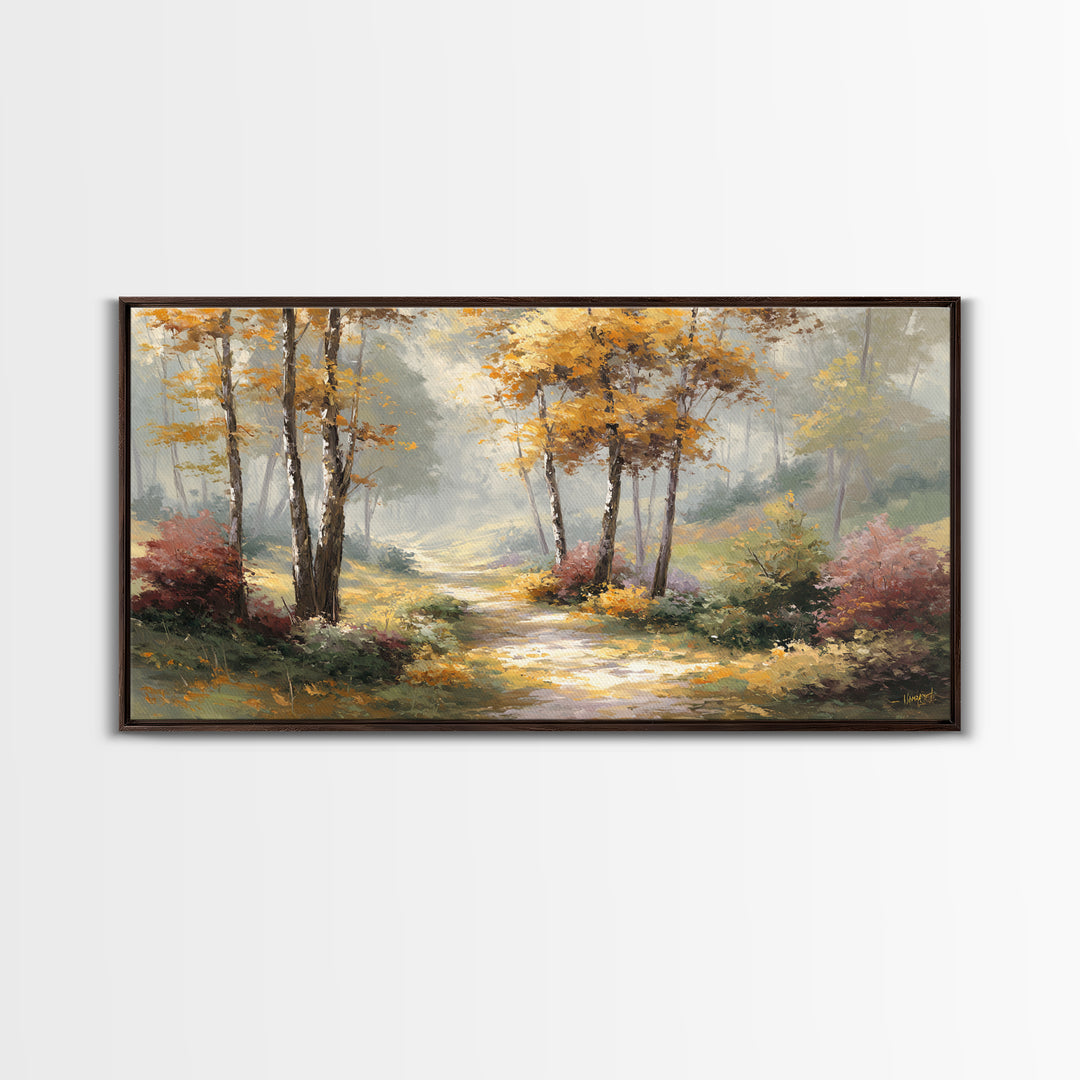 Woodland Path with Golden Autumn Atmosphere Framed Canvas Print, Art, Printable Art, Living Room Decor, Fine Art, ART-2x1-19