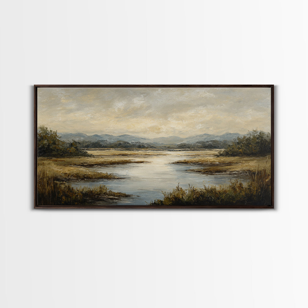 Classic Landscape with Winding River and Atmospheric Framed Canvas Print, Art, Art Print, Living Room Decor, Fine Art, ART-2x1-23