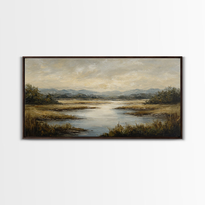 Classic Landscape with Winding River and Atmospheric Framed Canvas Print, Art, Art Print, Living Room Decor, Fine Art, ART-2x1-23