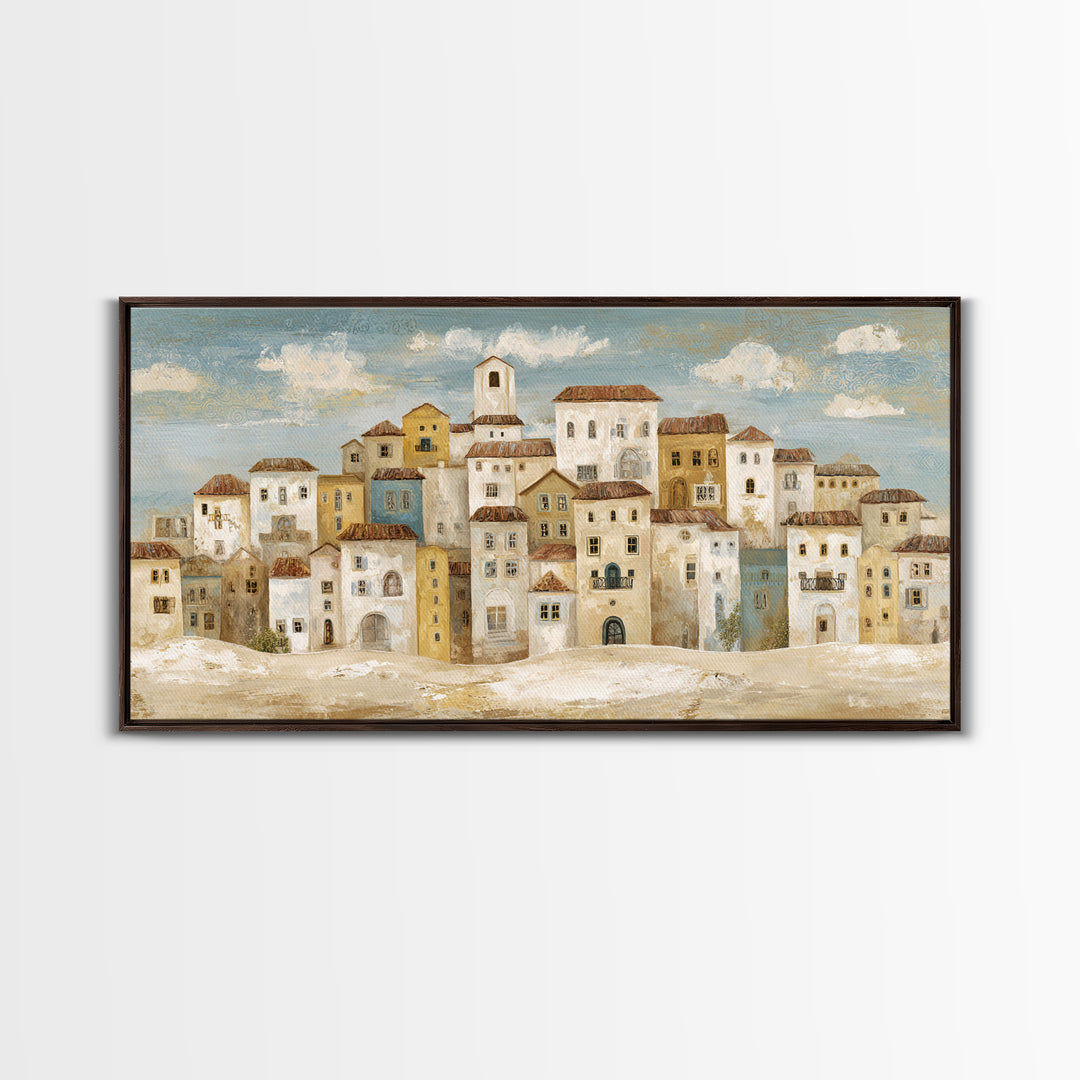 Naive Folk Art Village Framed Canvas Print, Art, Wall Art, Living Room Decor, Fine Art, Original Art, Art Nouveau, ART-2x1-40