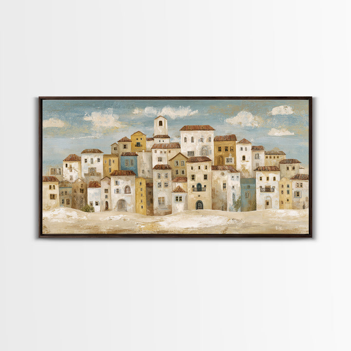 Naive Folk Art Village Framed Canvas Print, Art, Wall Art, Living Room Decor, Fine Art, Original Art, Art Nouveau, ART-2x1-40