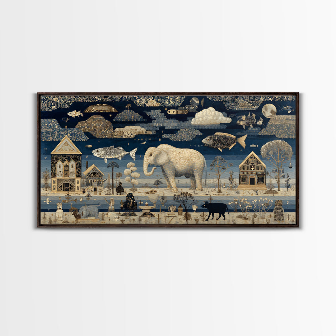 Naive Folk Art Village Canvas Print, Art, Wall Art Prints, Living Room Decor, Fine Art, Ai Art, Textured Wall Art, ART-2x1-64