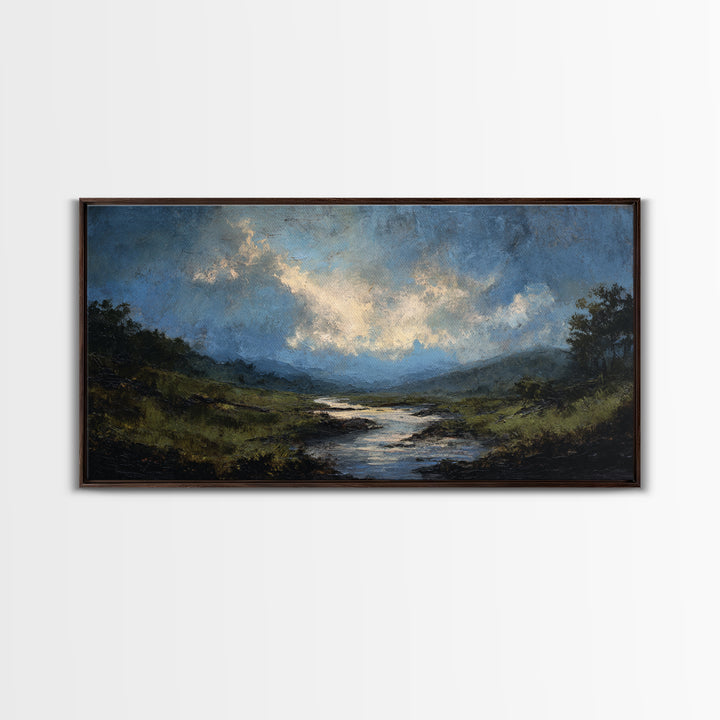 Classic Landscape with Winding River and Atmospheric Canvas Print, Art, Black Art, Living Room Decor, Fine Art, ART-2x1-71