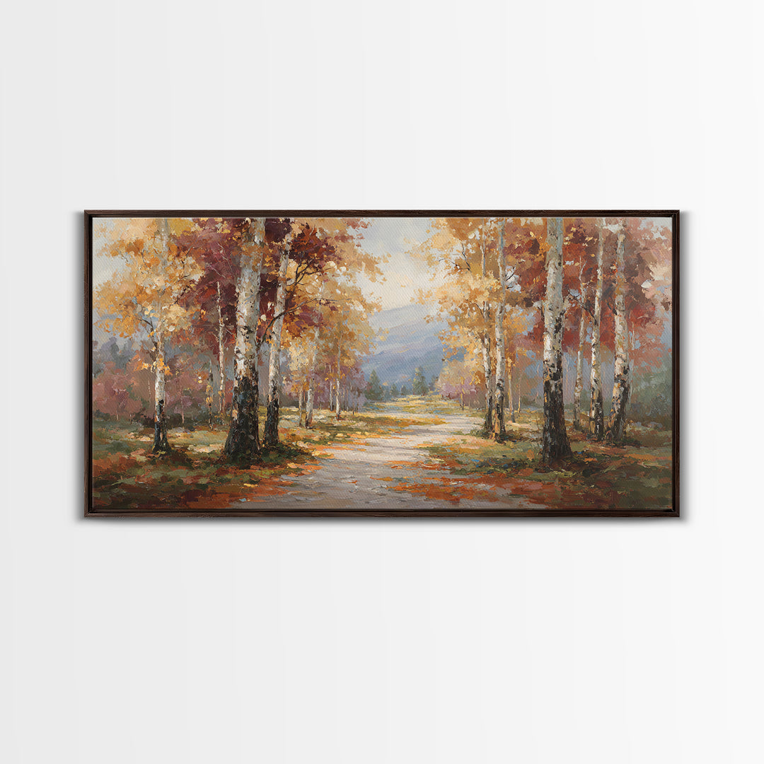 Woodland Path with Golden Autumn Atmosphere Framed Canvas Print, Art, Art Print, Living Room Decor, Fine Art, ART-2x1-91