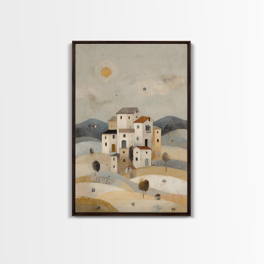Naive Folk Art Village Framed Canvas Print, Art, Pink Wall Art, Living Room Decor, Fine Art, Textured Painting, ART-2x3-100