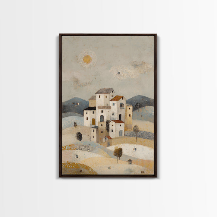 Naive Folk Art Village Framed Canvas Print, Art, Pink Wall Art, Living Room Decor, Fine Art, Textured Painting, ART-2x3-100
