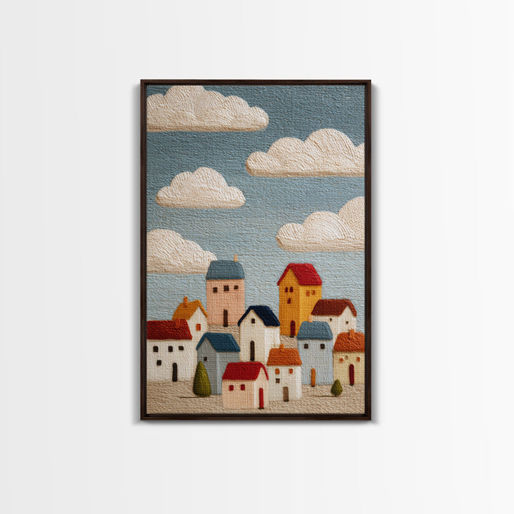Naive Folk Art Village Framed Canvas Print, Art, Printable Wall Art, Living Room Decor, Fine Art, Canvas Art, ART-2x3-28