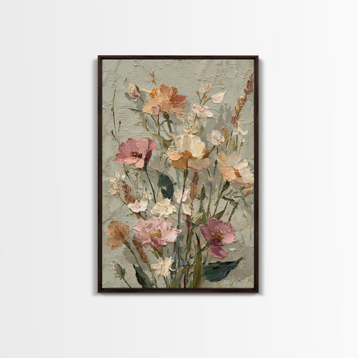 Painterly Meadow with Loose Impressionist Flowers Framed Canvas Print, Art, Neutral Decor, Living Room Decor, Fine Art, ART-2x3-47