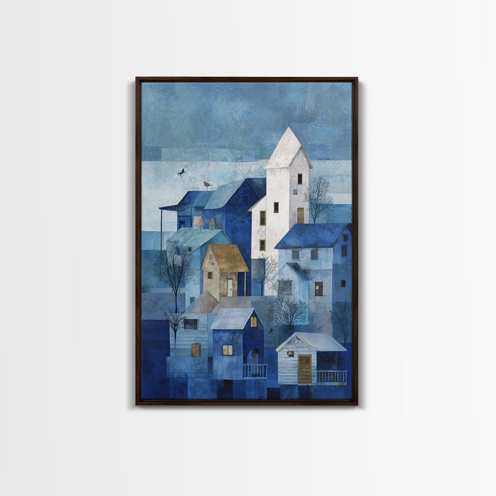 Naive Folk Art Village Framed Canvas Print, Art, Boho Wall Art, Living Room Decor, Fine Art, Textured Painting, ART-2x3-52