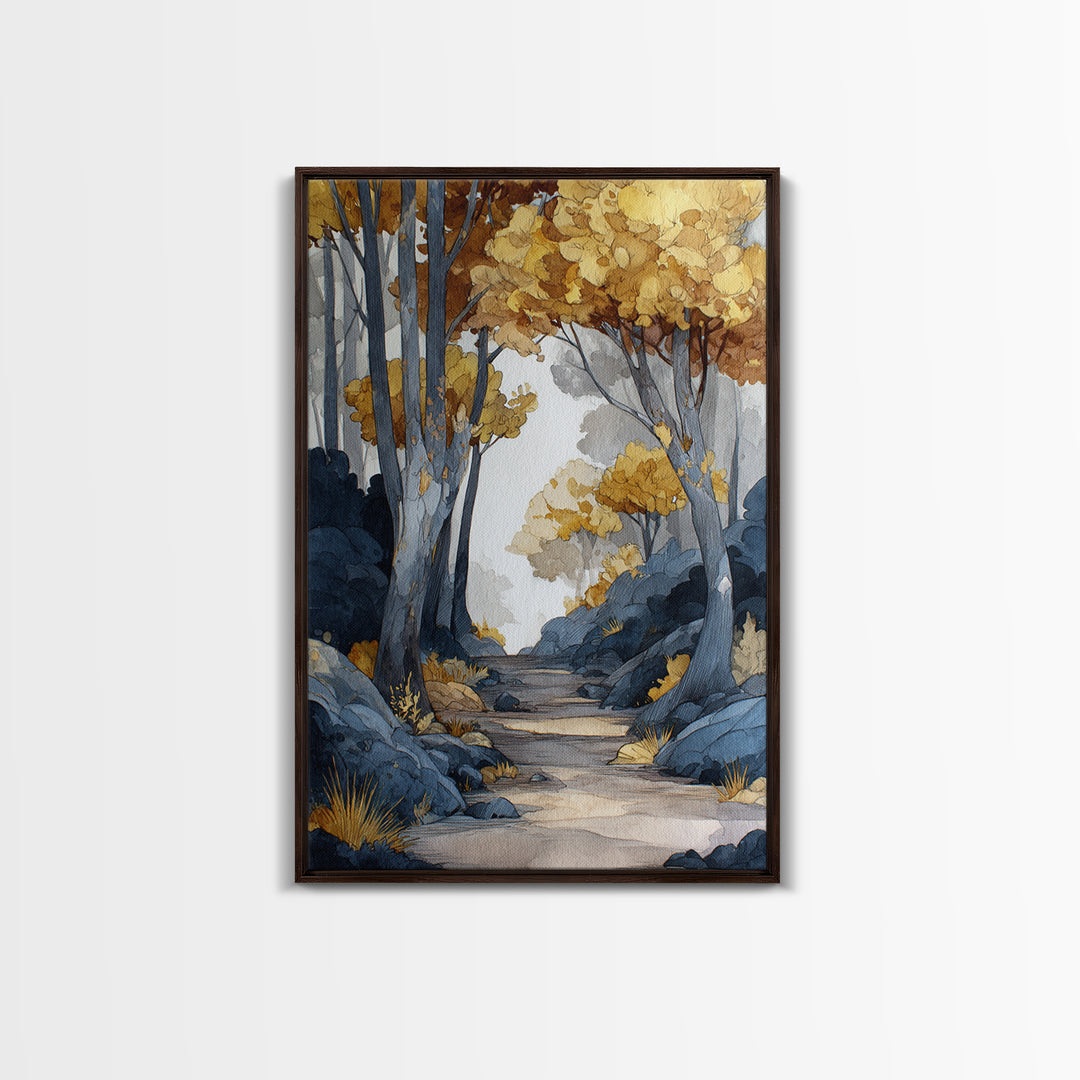 Woodland Path with Golden Autumn Atmosphere Framed Canvas Print, Art, Horizontal Wall Art, Living Room Decor, Fine Art, ART-2x3-55