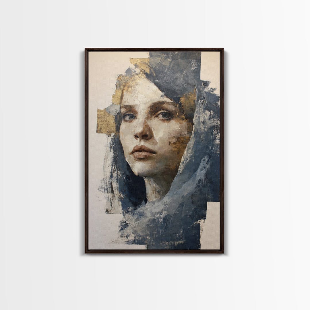 Expressive Portrait with Dramatic Light and Textured Framed Canvas Print, Art, Art Nouveau, Living Room Decor, Fine Art, ART-2x3-84
