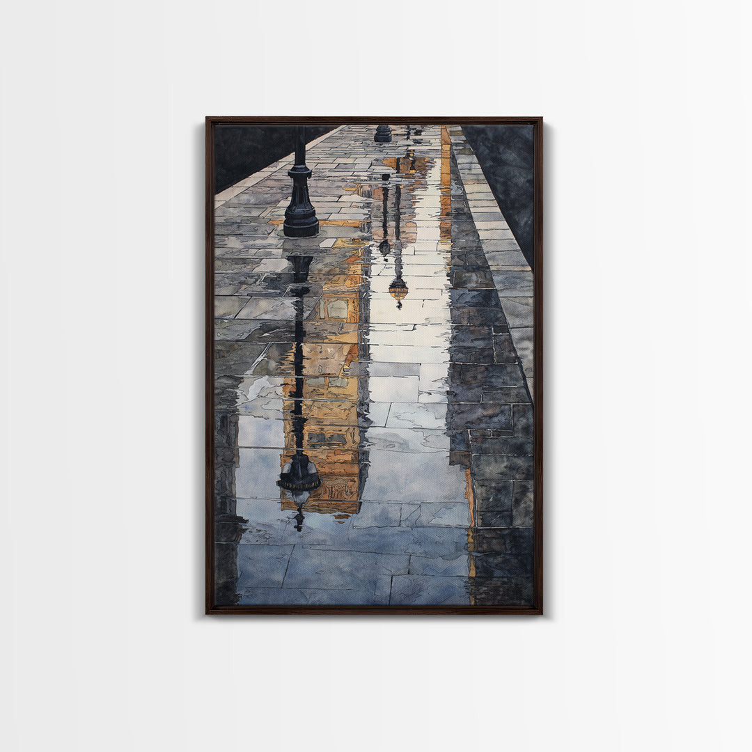 Moody City Scene Reflected Framed Canvas Print, Art, Living Room Decor, Fine Art, Art Nouveau, Framed Wall Art, ART-2x3-90
