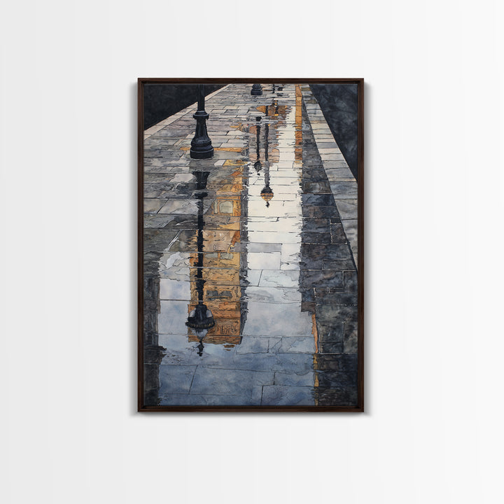 Moody City Scene Reflected Framed Canvas Print, Art, Living Room Decor, Fine Art, Art Nouveau, Framed Wall Art, ART-2x3-90