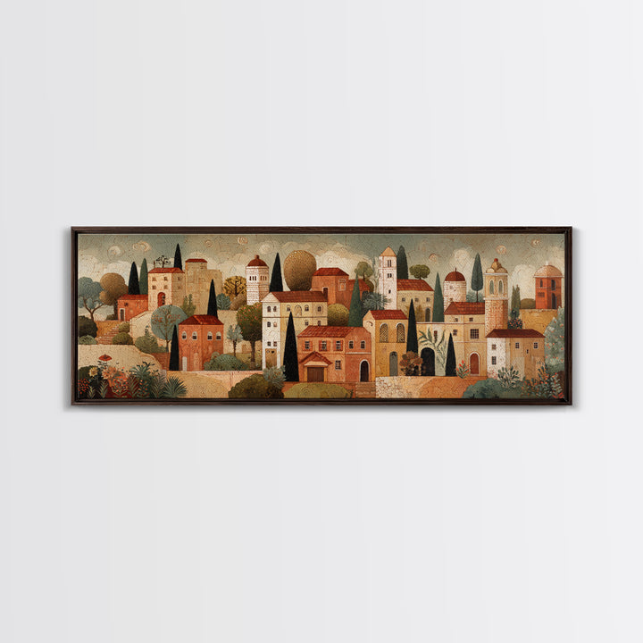 Naive Folk Art Village Framed Canvas Print, Art, Modern Decor, Living Room Decor, Fine Art, Art Prints, Digital Art, ART-3x1-60