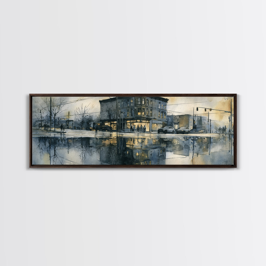Moody City Scene Reflected Framed Canvas Print, Art, Art Deco, Living Room Decor, Oil Painting, Printable Art, ART-3x1-74