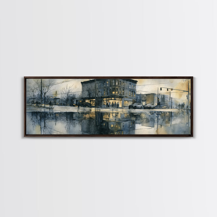 Moody City Scene Reflected Framed Canvas Print, Art, Art Deco, Living Room Decor, Oil Painting, Printable Art, ART-3x1-74