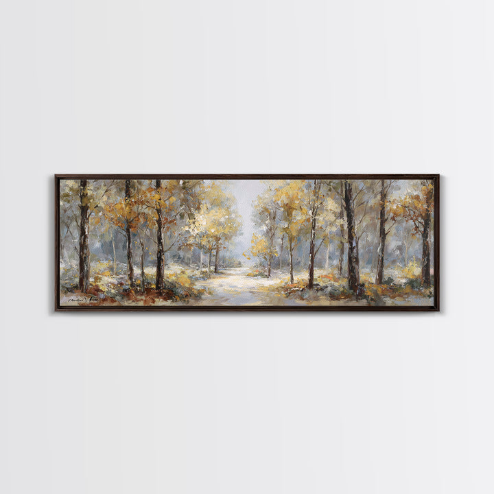 Woodland Path with Golden Autumn Atmosphere Framed Canvas Print, Art, Art Print, Living Room Decor, Fine Art, ART-3x1-87