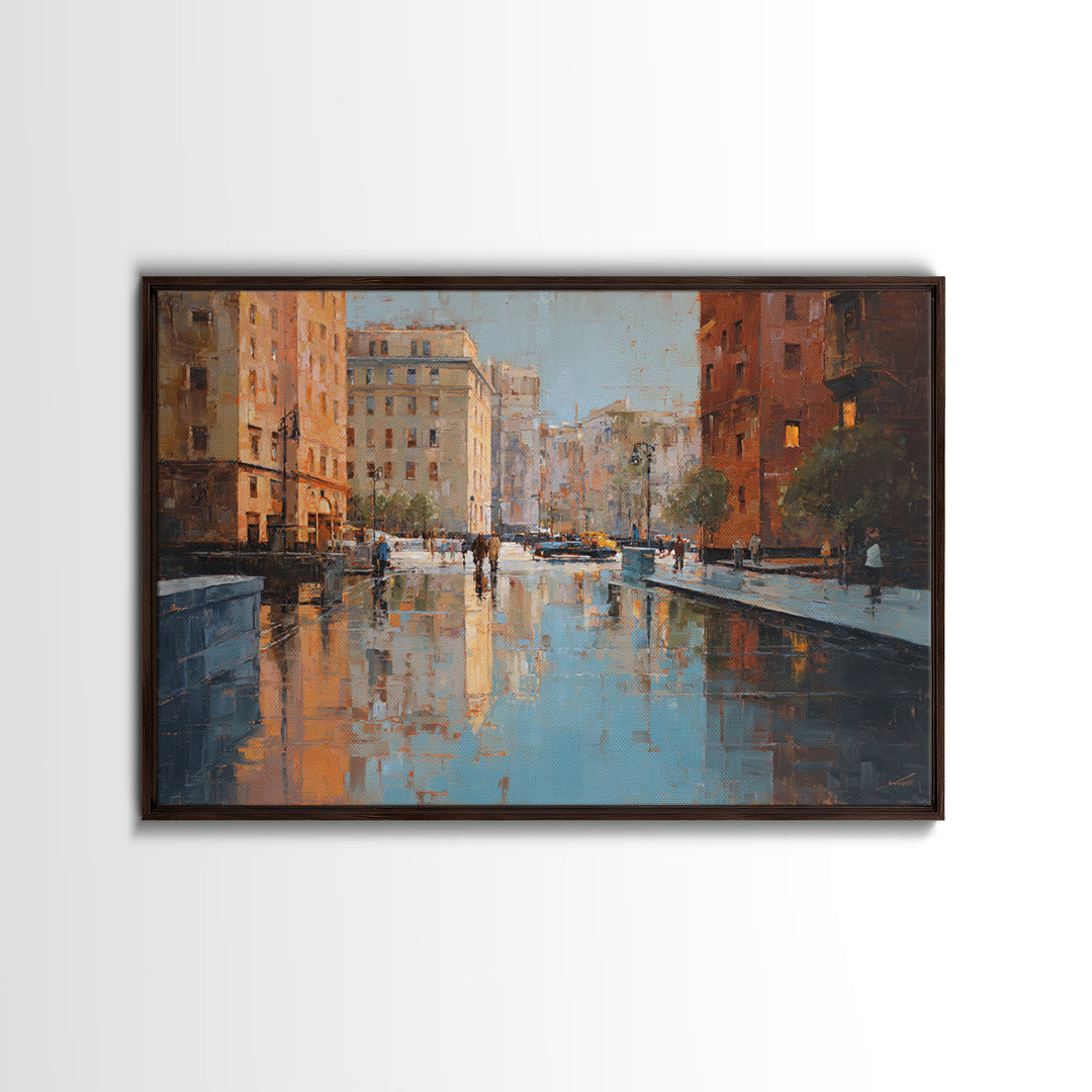 Moody City Scene Reflected Framed Canvas Print, Art, Living Room Decor, Fine Art, Art Nouveau, Framed Wall Art, ART-3x2-14