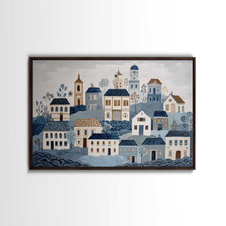 Naive Folk Art Village Framed Canvas Print, Art, Wall Art Prints, Living Room Decor, Fine Art, Ai Art, Textured Wall Art, ART-3x2-24