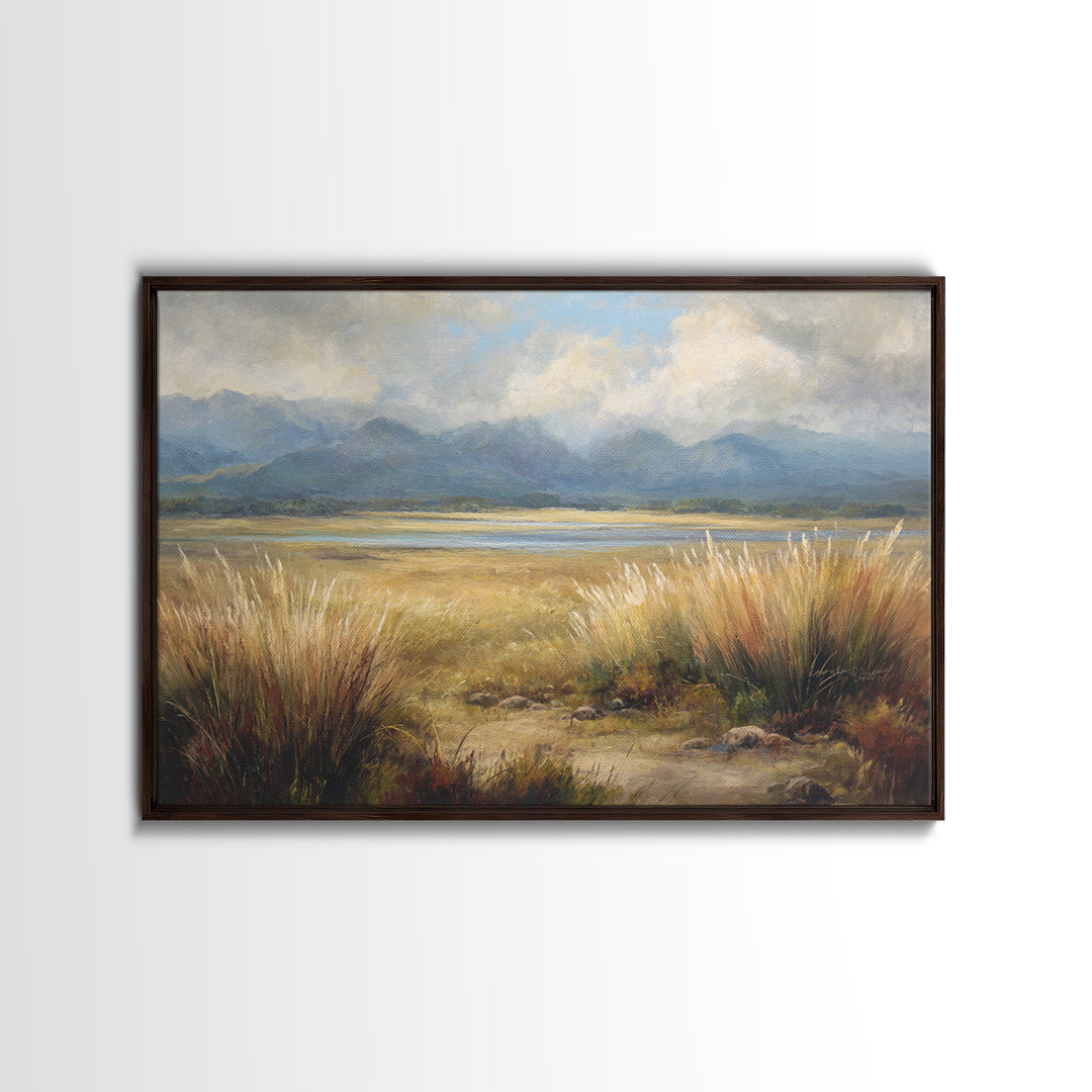 Quiet Mountain Scene Framed Canvas Print, Art, Canvas Wall Art, Living Room Decor, Fine Art, Boho Wall Art, Pink Wall Art, ART-3x2-45