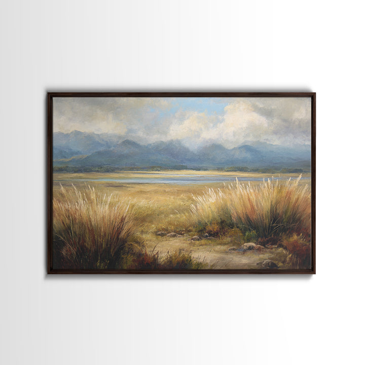 Quiet Mountain Scene Framed Canvas Print, Art, Canvas Wall Art, Living Room Decor, Fine Art, Boho Wall Art, Pink Wall Art, ART-3x2-45