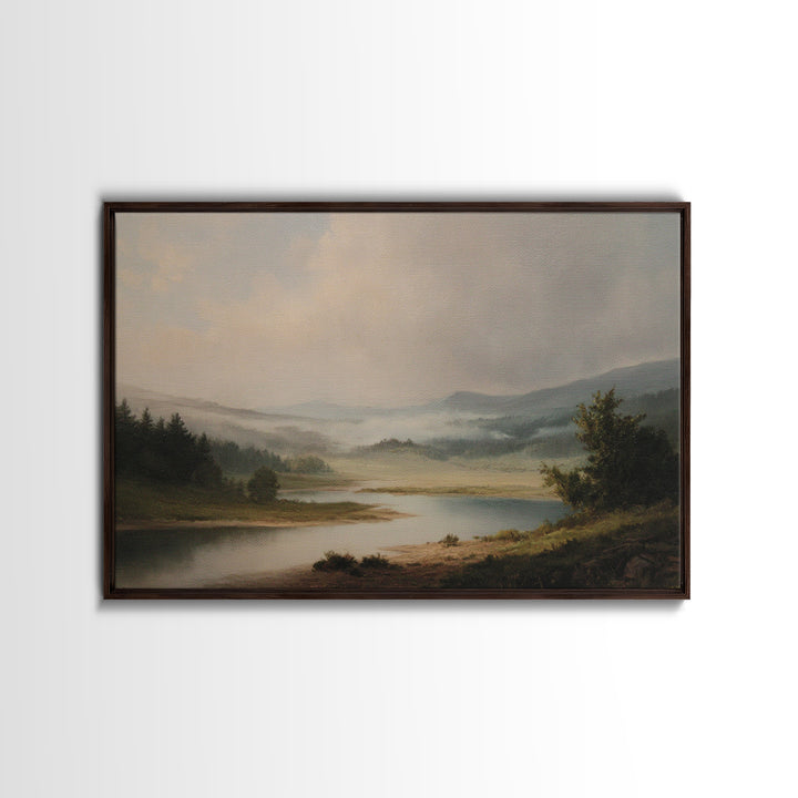 Classic Landscape with Winding River and Atmospheric Framed Canvas Print, Art, Framed Wall Art, Living Room Decor, Fine Art, ART-3x2-79