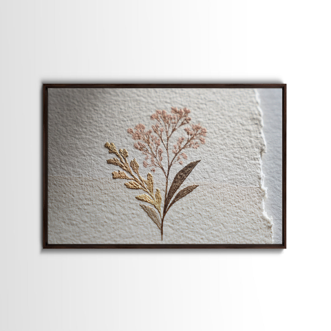 Minimal Botanical Ink Drawing on Handmade Paper Framed Canvas Print, Art, Ai Art, Living Room Decor, Watercolor Art, ART-3x2-81