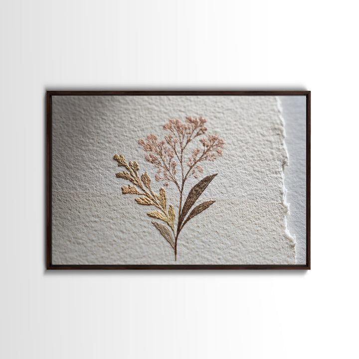 Minimal Botanical Ink Drawing on Handmade Paper Framed Canvas Print, Art, Ai Art, Living Room Decor, Watercolor Art, ART-3x2-81