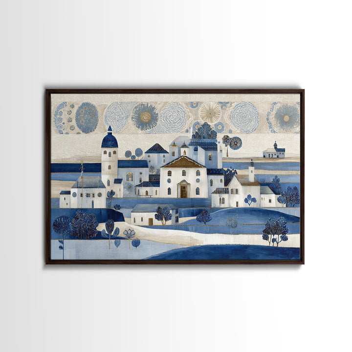 Naive Folk Art Village Framed Canvas Print, Art, Pink Wall Art, Living Room Decor, Fine Art, Textured Painting, ART-3x2-96
