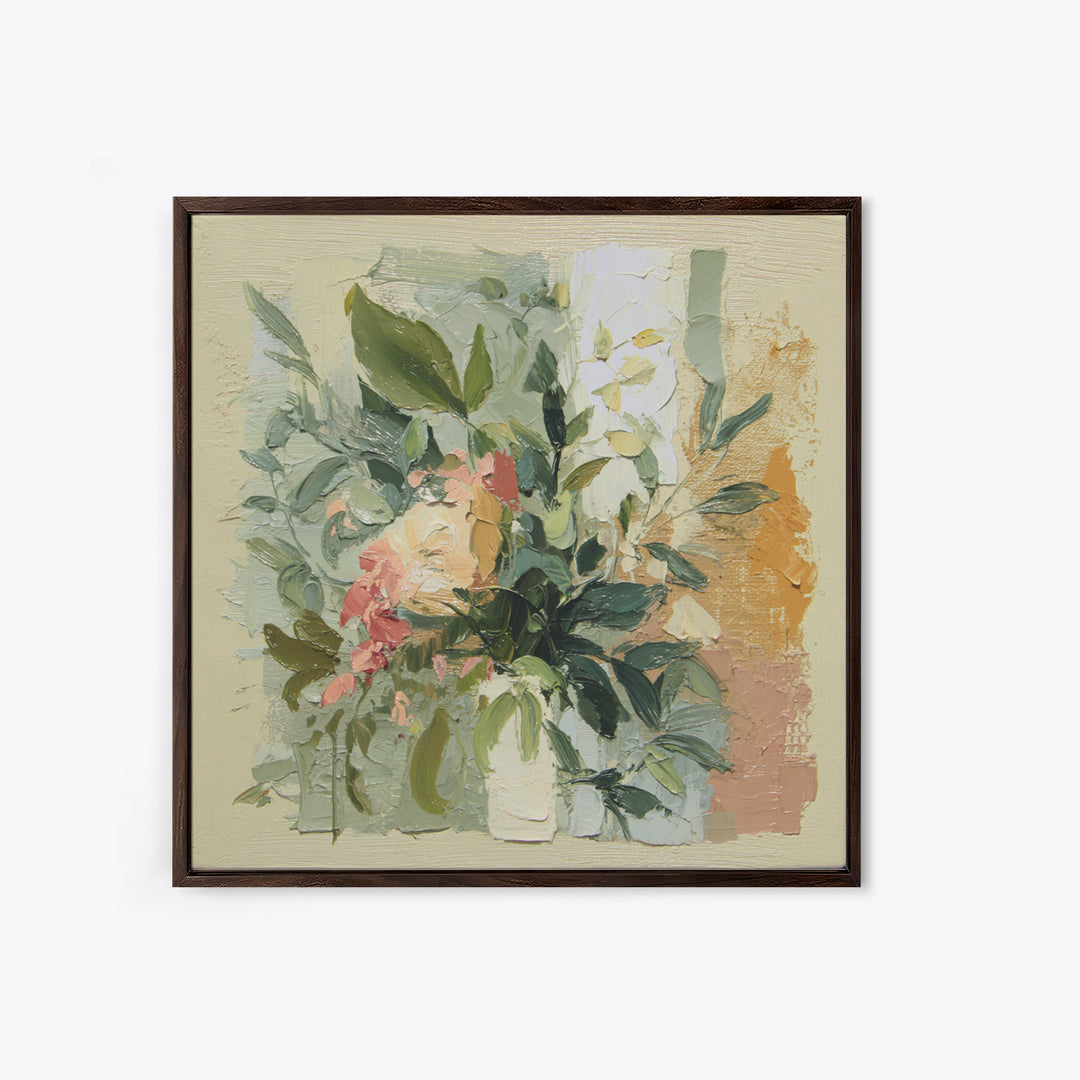 Large Botanical Leaves Framed Canvas Print, Above Sofa Art, 3 Piece Wall Art, Living Room Decor, Oil Painting, Statement, ASA-1x1-21