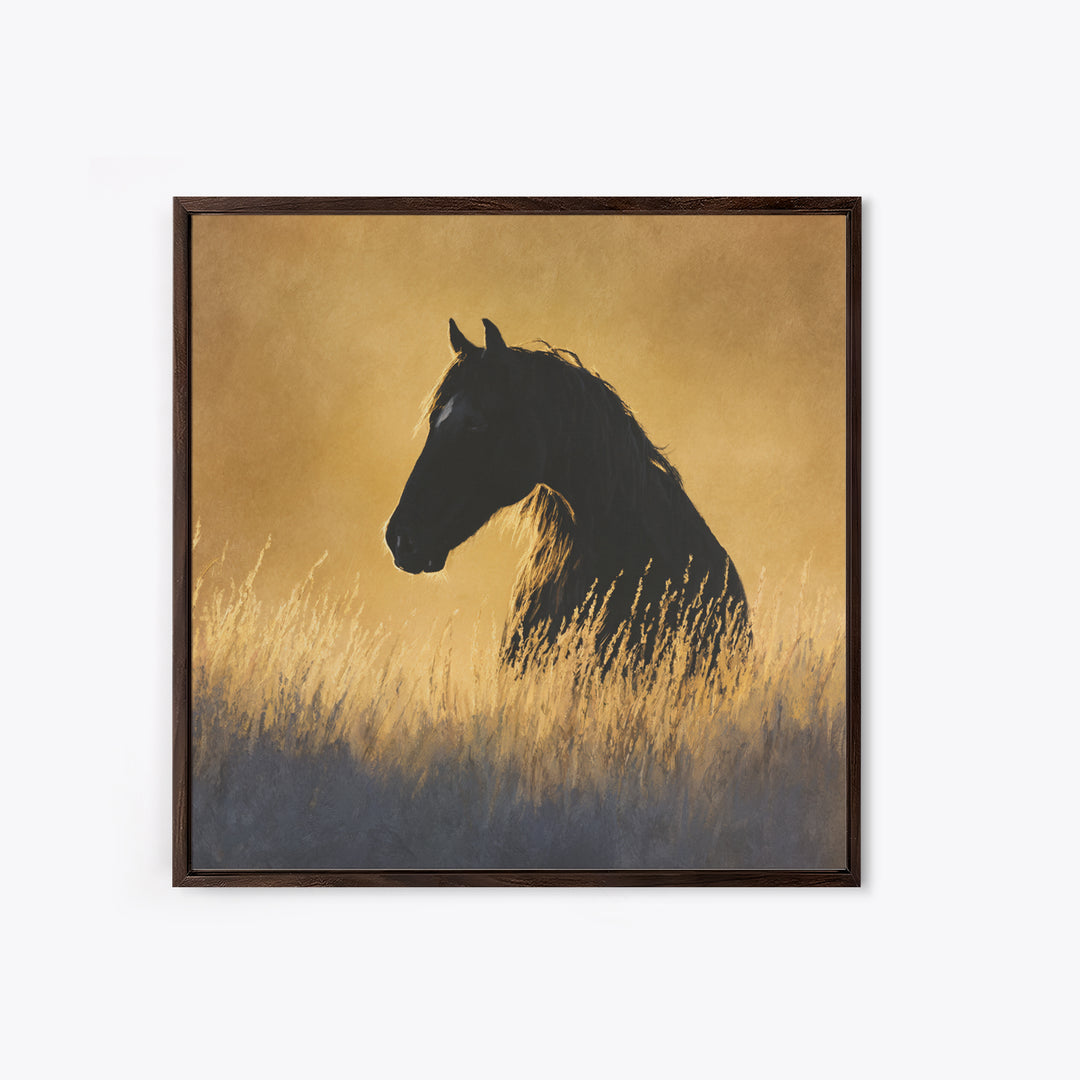 Statement Horse Silhouette Framed Canvas Print, Above Sofa Art, Japandi Wall Art, Living Room Decor, Oil Painting, Statement, ASA-1x1-61