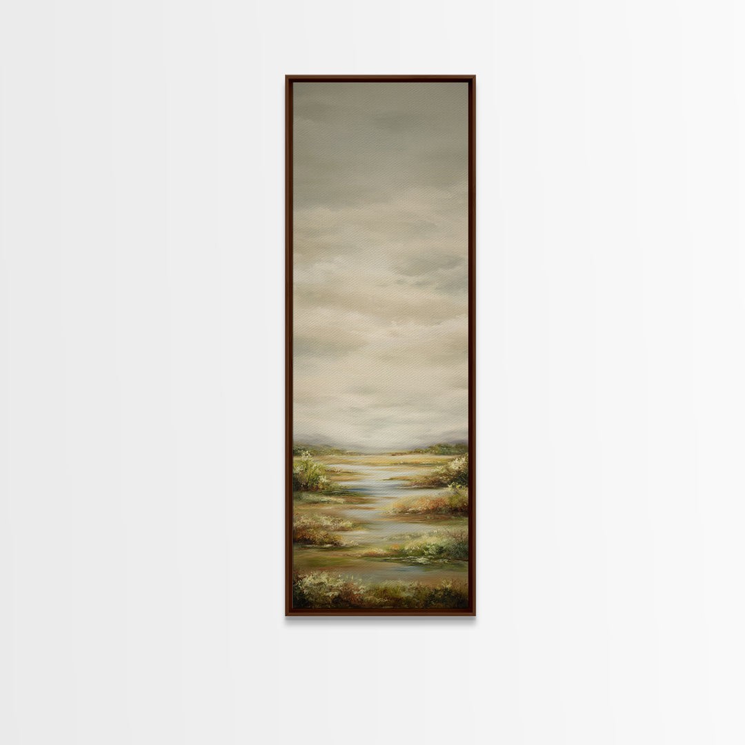 Wide Olive and Beige Meadow Panorama Framed Canvas Print, Above Sofa Art, Coastal Wall Art, Living Room Decor, Statement, ASA-1x3-70