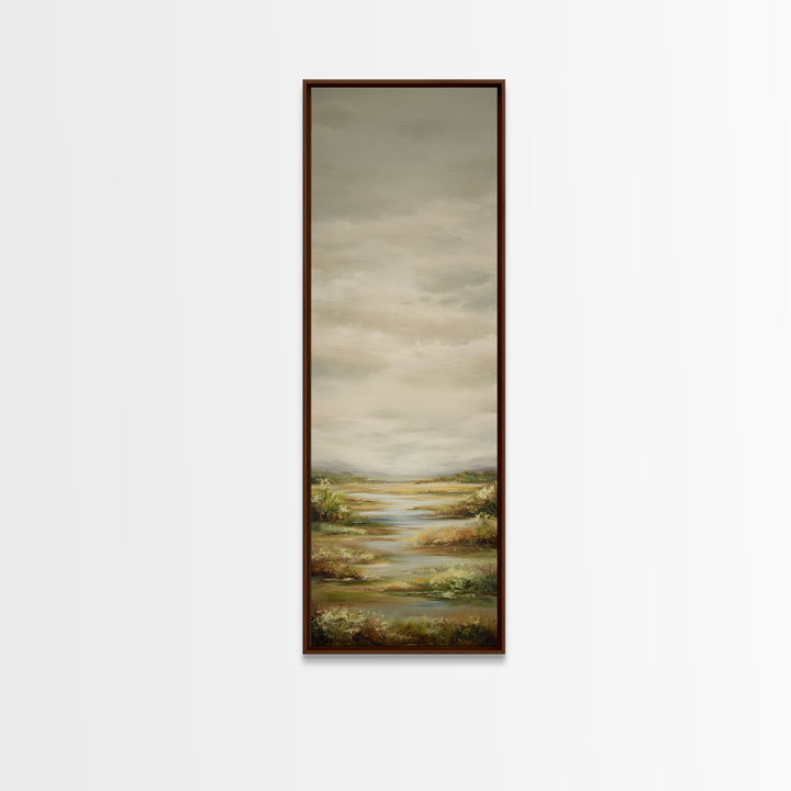 Wide Olive and Beige Meadow Panorama Framed Canvas Print, Above Sofa Art, Coastal Wall Art, Living Room Decor, Statement, ASA-1x3-70