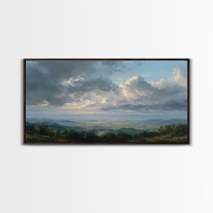 Dramatic Cloudscape over a Distant Valley Framed Canvas Print, Above Sofa Art, Living Room Decor, Oil Painting, Statement, ASA-2x1-25