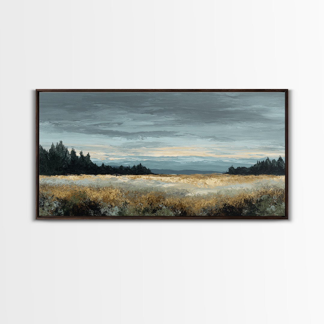 Wide Olive and Beige Meadow Panorama Framed Canvas Print, Above Sofa Art, Modern Decor, Living Room Decor, Oil Painting, ASA-2x1-30