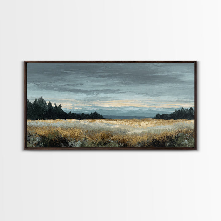 Wide Olive and Beige Meadow Panorama Framed Canvas Print, Above Sofa Art, Modern Decor, Living Room Decor, Oil Painting, ASA-2x1-30