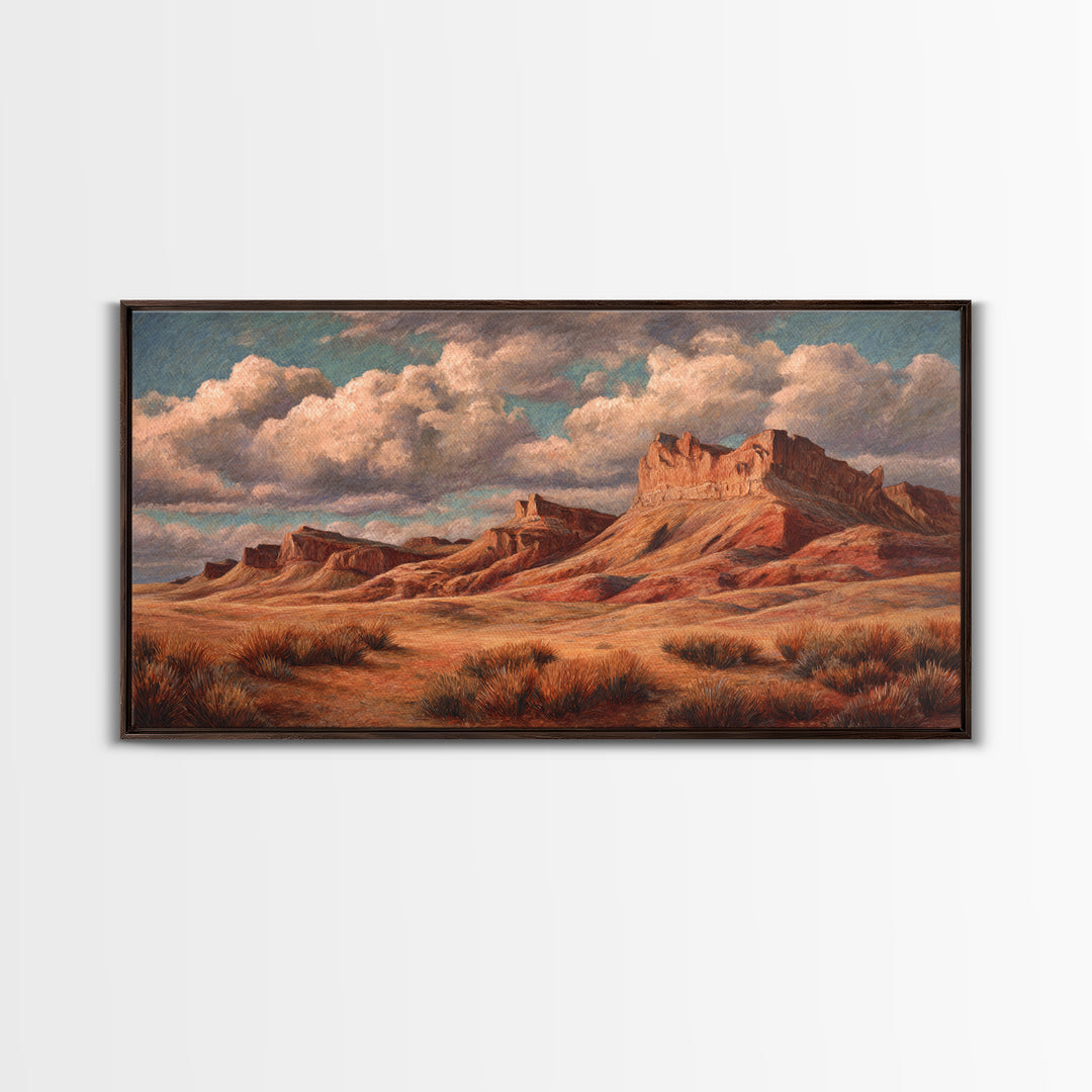 Desert Mesa Panorama Framed Canvas Print, Above Sofa Art, Wall Art, Living Room Decor, Fine Art, Statement, Horizontal Wall Art, ASA-2x1-40