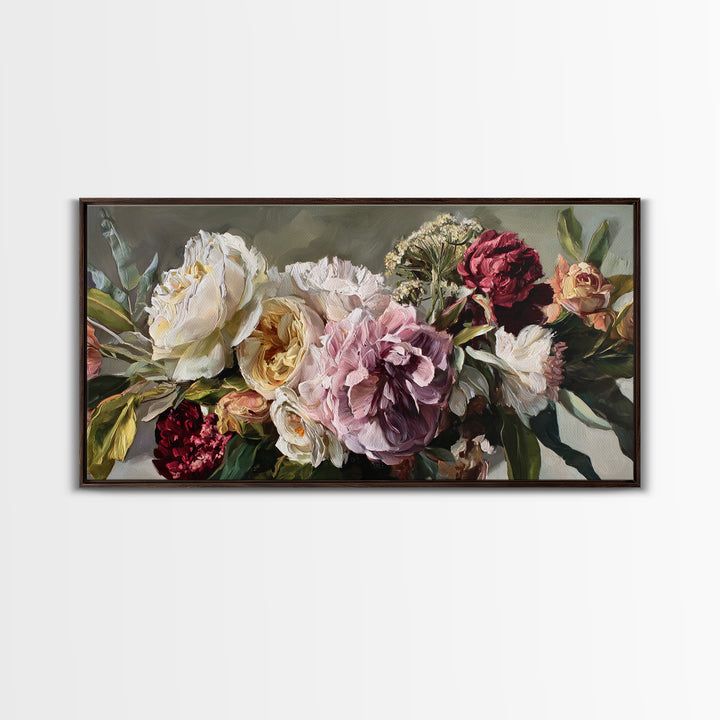 Large Expressive Floral Bouquet Framed Canvas Print, Above Sofa Art, Luxury Decor, Living Room Decor, Oil Painting, Statement, ASA-2x1-50