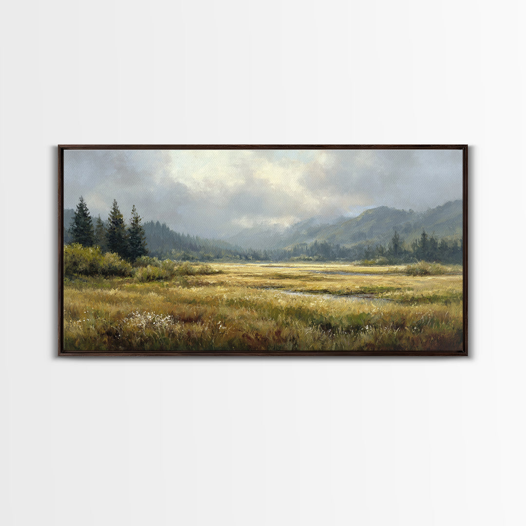 Wide Olive and Beige Meadow Panorama Framed Canvas Print, Above Sofa Art, Modern Decor, Living Room Decor, Oil Painting, ASA-2x1-6
