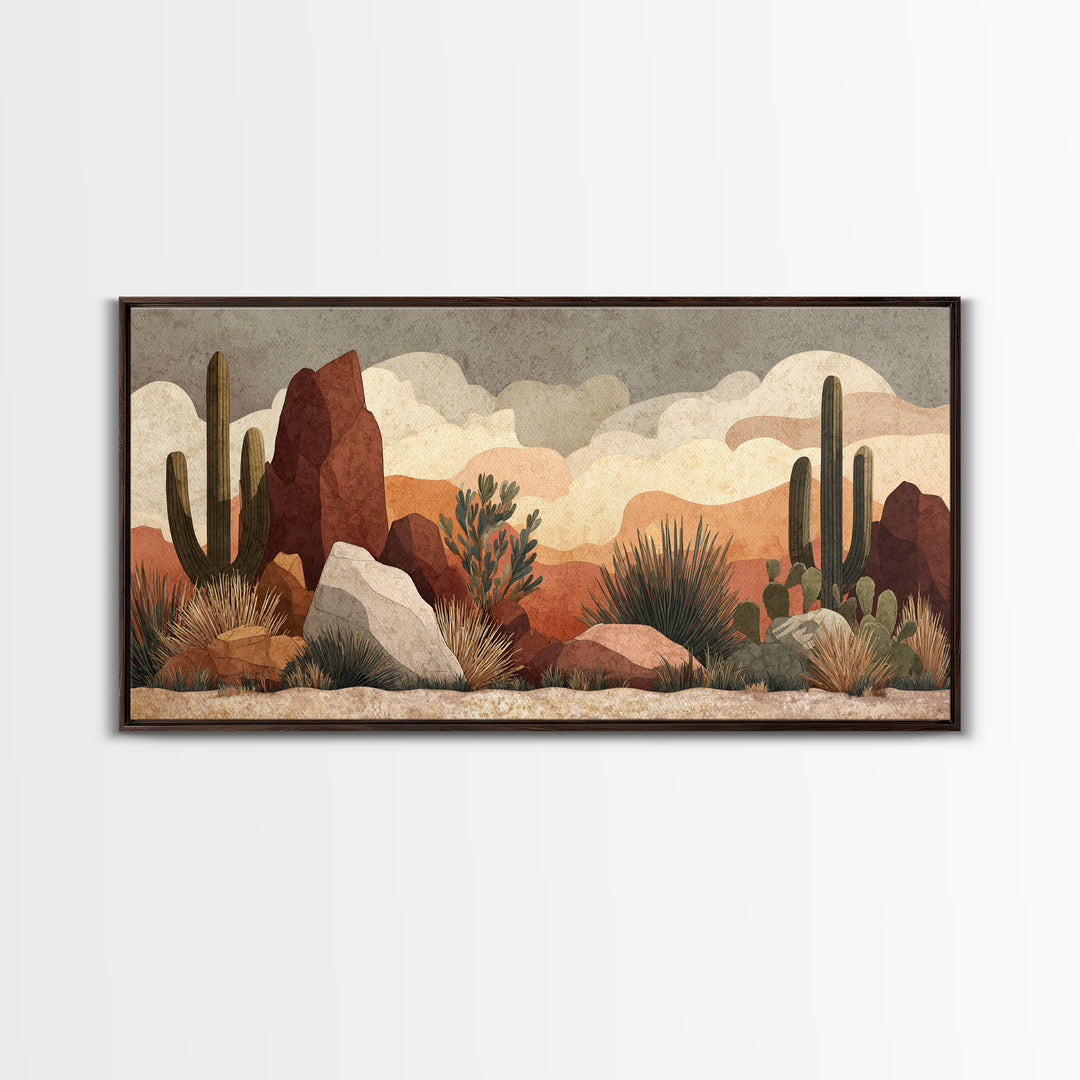 Desert Mesa Panorama Framed Canvas Print, Above Sofa Art, Boho Wall Art, Living Room Decor, Statement, Japandi Wall Art, ASA-2x1-88