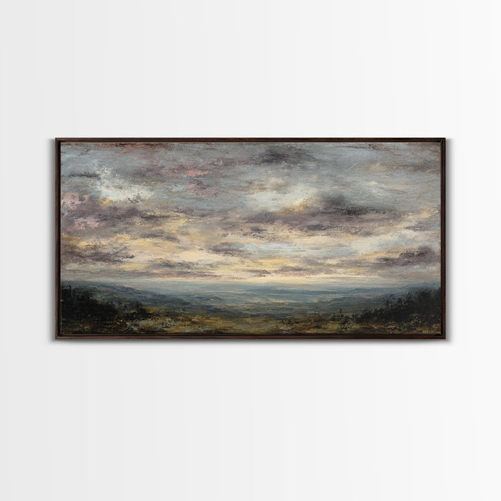 Dramatic Cloudscape over a Distant Valley Framed Canvas Print, Above Sofa Art, Canvas Wall Art, Living Room Decor, Statement, ASA-2x1-97
