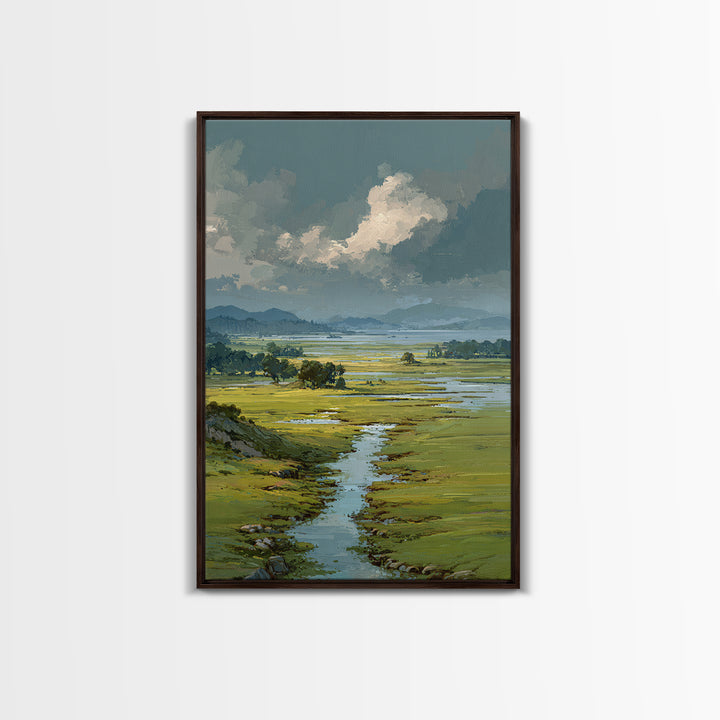 Wide Olive and Beige Meadow Panorama Framed Canvas Print, Above Sofa Art, Living Room Decor, Oil Painting, Statement, ASA-2x3-90
