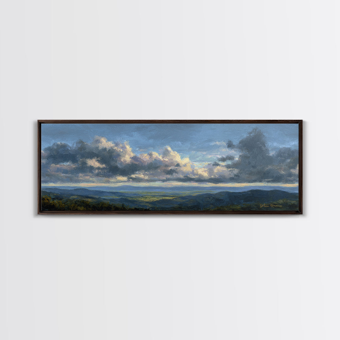 Dramatic Cloudscape over a Distant Valley Canvas Print, Above Sofa Art, Boho Wall Art, Living Room Decor, Watercolor Art, ASA-3x1-21